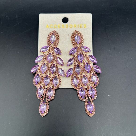 Chandelier Dangle Rhinestone Earrings Luxury Design Faceted Purple Gold Tone - Picture 1 of 6